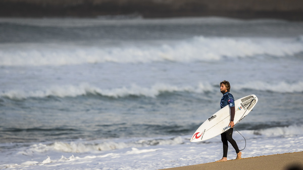 Matt Wilkinson, pictured at the Meo Rip Curl Pro Portugal 2018, recently had a close call when a shark trailed him, only inches away.