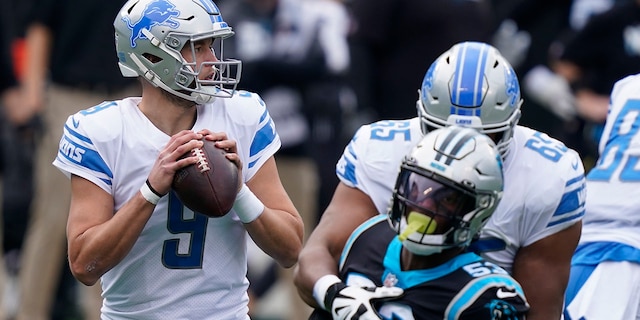 Detroit Lions quarterback Matthew Stafford looks to pass against the Carolina Panthers during the first half of an NFL football game Sunday, Nov. 22, 2020, in Charlotte, N.C. (AP Photo/Gerry Broome)