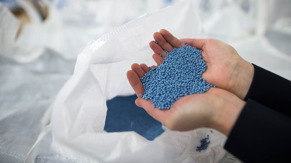 Recycled plastic pellets are displayed at a facility in Ontario.