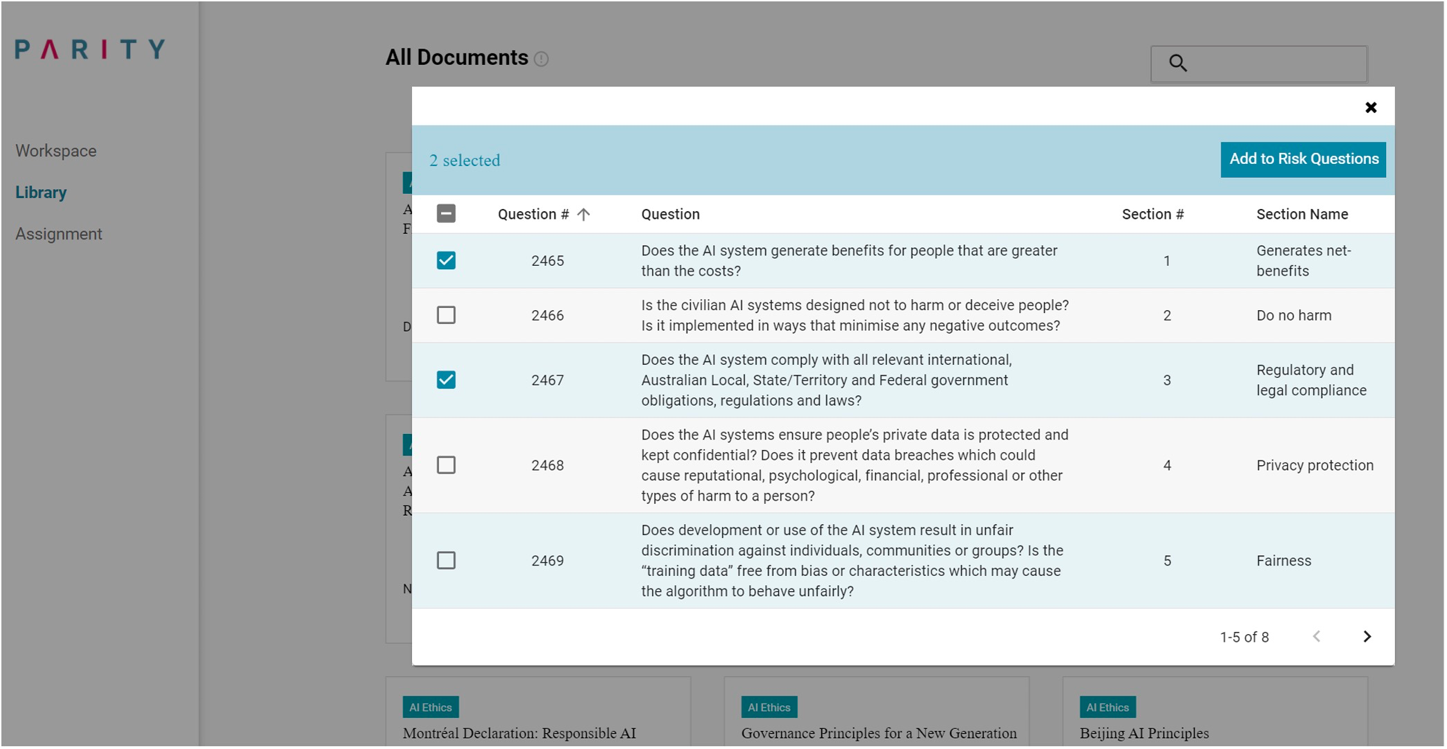 A screenshot of Parity's library of impact assessment questions.
