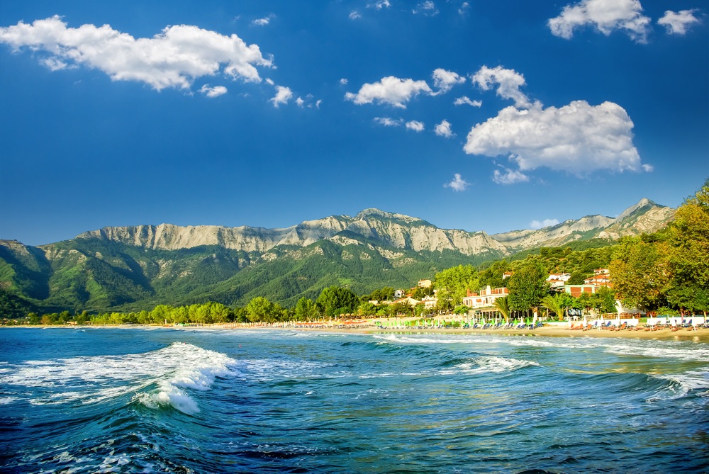 thassos island greece with beach and mountains