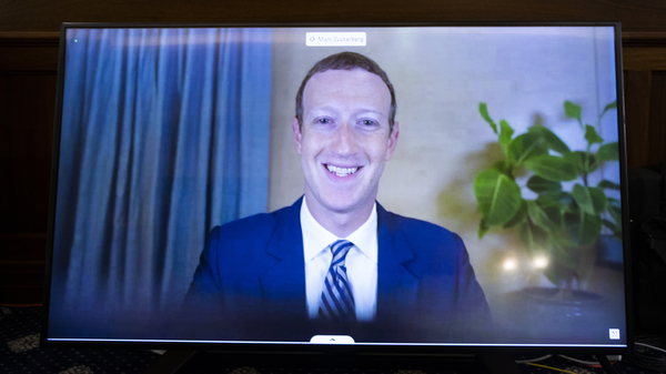 Facebook CEO Mark Zuckerberg testifies remotely during a Senate Commerce, Science, and Transportation Committee hearing on October 28, 2020.