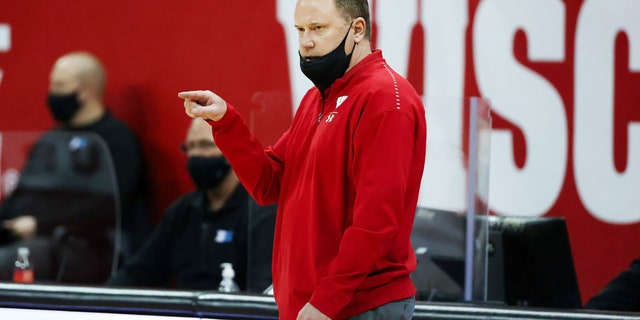 Head coach Greg Gard of the Wisconsin Badgers looks on in the first half against the Iowa Hawkeyes at the Kohl Center on Feb. 18, 2021, in Madison, Wisconsin. (Getty Images)