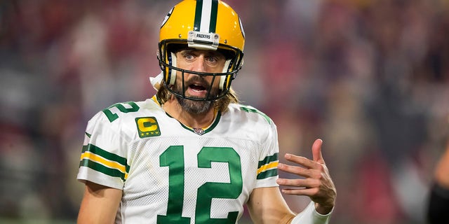 Green Bay Packers quarterback Aaron Rodgers reacts against the Arizona Cardinals Oct. 28, 2021, at State Farm Stadium in Glendale, Arizona.