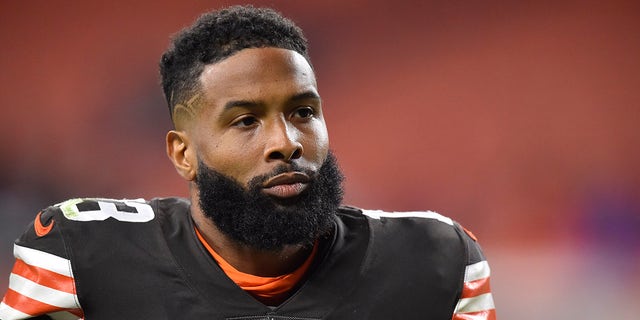 Cleveland Browns wide receiver Odell Beckham Jr. walks off the field after an NFL football game against the Arizona Cardinals, Sunday, Oct. 17, 2021, in Cleveland. 