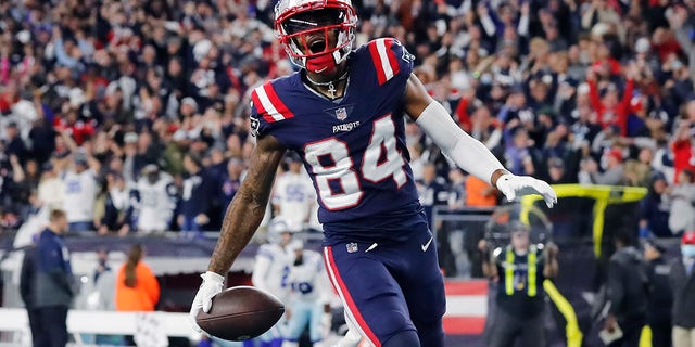 New England Patriots wide receiver Kendrick Bourne (84) celebrates in the end zone after his touchdown against the Dallas Cowboys during the second half Sunday, Oct. 17, 2021, in Foxborough, Mass.