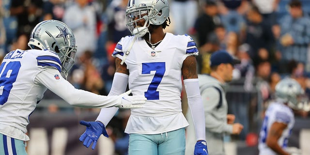 Dallas Cowboys cornerback Trevon Diggs (7) warms up prior to a game with the New England Patriots Oct. 17, 2021 at Gillette Stadium in Foxborough, Mass.