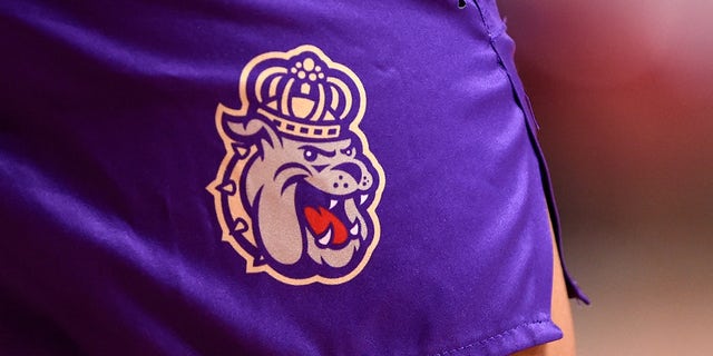 The James Madison Dukes logo on their uniform during the game against the Maryland Terrapins at Xfinity Center on Dec. 19, 2020 in College Park, Maryland.