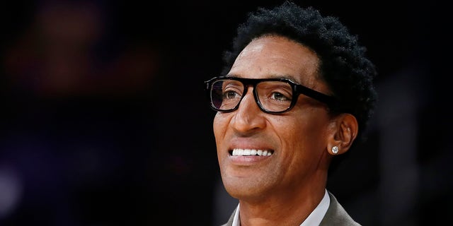 Scottie Pippen smiling on court before the LA Clippers' game against the Los Angeles Lakers on Dec. 25, 2019, at STAPLES Center in Los Angeles, California.