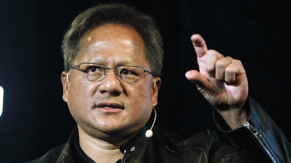 In this file photo, Nvidia CEO Jensen Huang delivers a speech about AI and gaming.