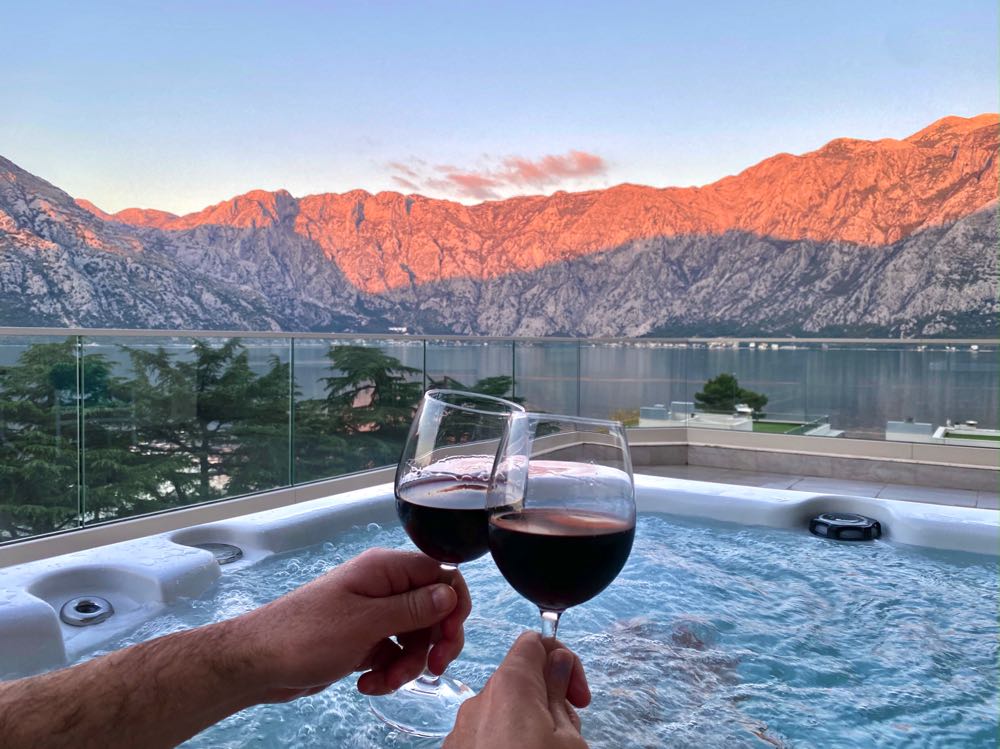 wine in hot tub bay of kotor montenegro