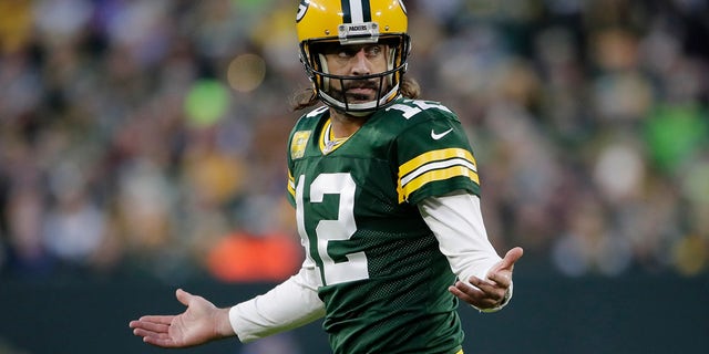 Green Bay Packers' Aaron Rodgers reacts after an incomplete pass during the first half of an NFL football game against the Seattle Seahawks Sunday, Nov. 14, 2021, in Green Bay, Wisconsin.