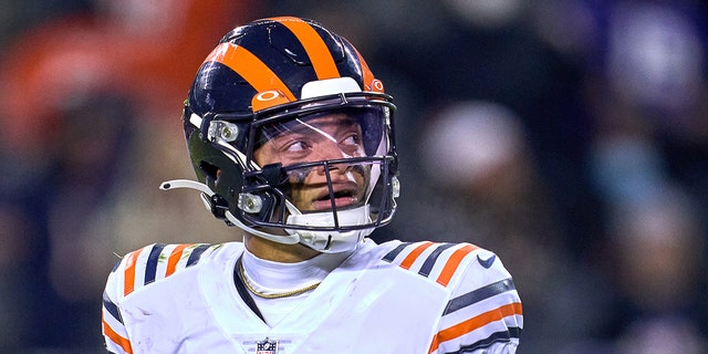 Chicago Bears quarterback Justin Fields looks on during a game against the Minnesota Vikings on Dec. 20, 2021, at Soldier Field in Chicago, Illinois.