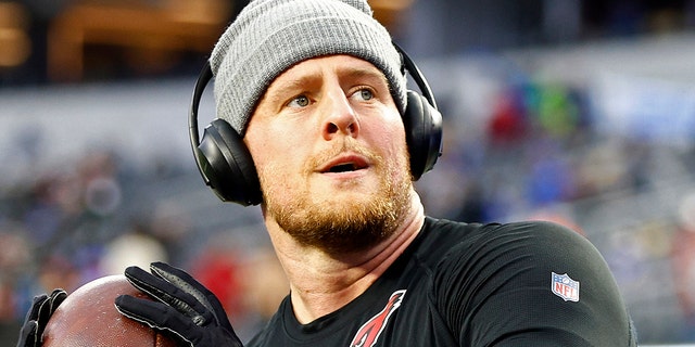 J.J. Watt of the Arizona Cardinals warms up before the game against the Los Angeles Rams in the NFC Wild Card Playoff game at SoFi Stadium on Jan. 17, 2022, in Inglewood, California. 