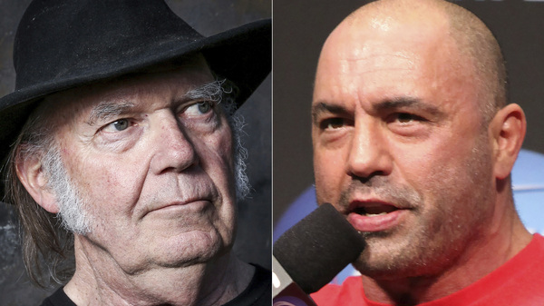 Neil Young (left) in 2016 and podcaster Joe Rogan in 2012. Spotify said Sunday that it will add content advisories before podcasts discussing the coronavirus. The move follows protests of the music-streaming service that were kicked off by Young over the spread of COVID-19 vaccine misinformation.