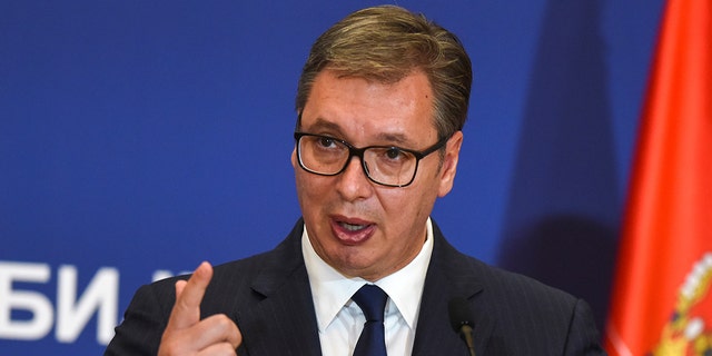 Serbian President Aleksandar Vucic speaks during a news conference during German Chancellor Angela Merkel's visit in Belgrade, Serbia, Sept. 13, 2021.