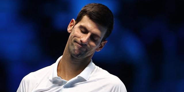 Novak Djokovic of Serbia reacts during the Men's Single's Second Semi-Final match between Novak Djokovic of Serbia and Alexander Zverev of Germany on Day Seven of the Nitto ATP World Tour Finals at Pala Alpitour on November 20, 2021 in Turin, Italy.