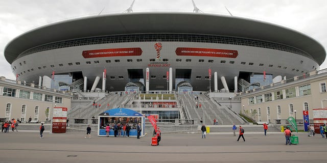 FILE - A general view of the St. Petersburg Stadium prior to the Confederations Cup soccer match between New Zealand and Portugal, in St. Petersburg, Russia, June 24, 2017. The British government led calls Tuesday, Feb. 22, 2022 for the Champions League final to be taken off Russia by European football's governing body to punish its deepening intervention in Ukraine. The showpiece men's game is due to be played in St. Petersburg on May 28 for the biggest sporting event in Russia since the 2018 World Cup.