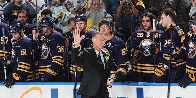 Hall of Fame goaltender Dominik Hasek of the Buffalo Sabres is introduced during ceremonies to retire his number 39 before their game against the Detroit Red Wings on January 13, 2015 at the First Niagara Center in Buffalo, New York.