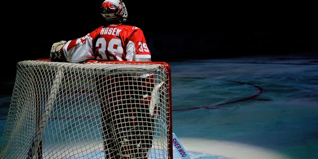 Dominik Hasek #58 of the Yashin team stands on the ice waiting for penalty shots during a master show before the KHL All Star Game on February 05, 2011 at the Ice Palace in Saint Petersburg, Russia.