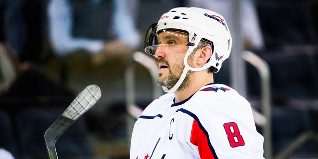 Washington Capitals Left Wing Alex Ovechkin (8) is pictured during the National Hockey League game between the Washington Capitals and the New York Rangers on February 24, 2022 at Madison Square Garden in New York, NY.