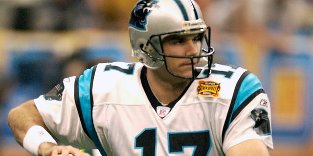 Jake Delhomme of the Carolina Panthers warms up during pregame warm-ups prior to playing the New England Patriots in Super Bowl XXXVIII at Reliant Stadium on Feb. 1, 2004, in Houston, Texas. The Patriots won the game 32-29.