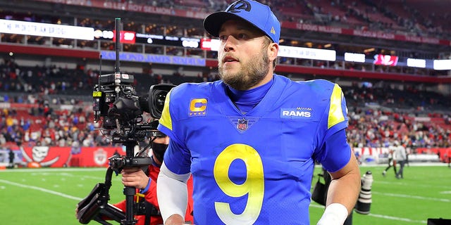 Matthew Stafford #9 of the Los Angeles Rams runs off the field after defeating the Tampa Bay Buccaneers 30-27 in the NFC Divisional Playoff game at Raymond James Stadium on January 23, 2022 in Tampa, Florida.