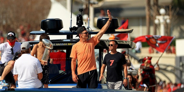 Tom Brady of the Tampa Bay Buccaneers celebrates their Super Bowl LV victory during a boat parade through the city on Feb. 10, 2021 in Tampa, Florida.