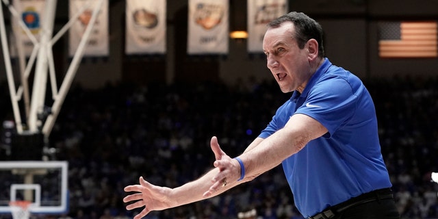 Duke coach Mike Krzyzewski directs the team during the second half of an NCAA college basketball game against North Carolina in Durham, N.C., Saturday, March 5, 2022. 