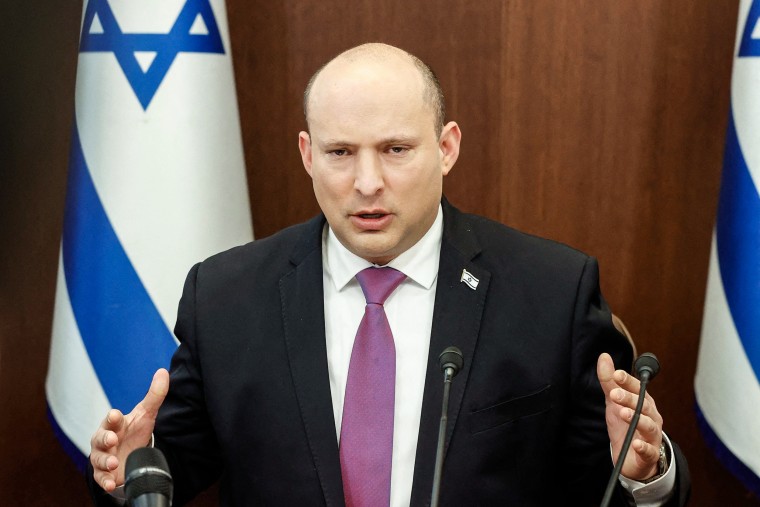 Image: Israeli Prime Minister Naftali Bennett attends a cabinet meeting at his office in Jerusalem, on March 14, 2022.