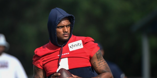 Texans quarterback Deshaun Watson practices with the team during NFL football practice Monday, Aug. 2, 2021, in Houston.