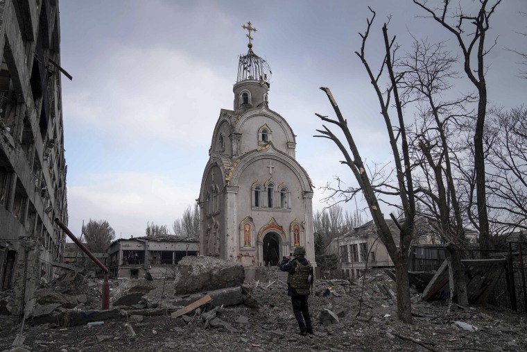 Image: damaged church after shelling in a residential district in Mariupol