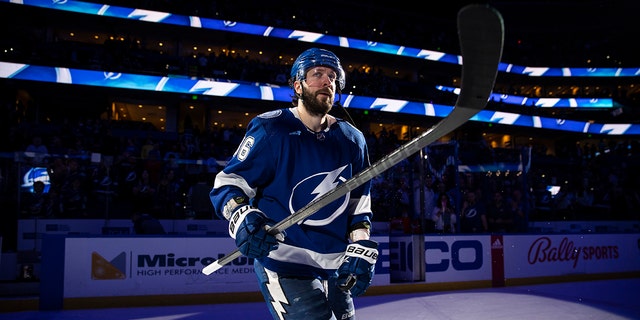 Nikita Kucherov of the Tampa Bay Lightning celebrates a win against the Ottawa Senators at Amalie Arena, March 1, 2022, in Tampa, Florida. 