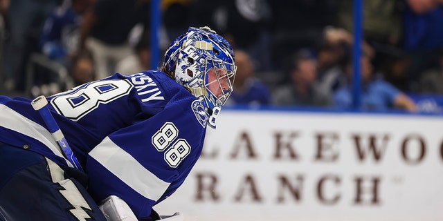 Andrei Vasilevskiy of the Tampa Bay Lightning against the Pittsburgh Penguins during the second period at Amalie Arena March 3, 2022 