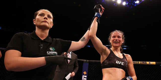 Maryna Moroz of Ukraine celebrates after defeating Mayra Bueno Silva of Brazil in their flyweight fight during the UFC Fight Night event on March 14, 2020 in Brasilia, Brazil.