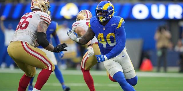 Inglewood, California, USA;  Los Angeles Rams outside linebacker Von Miller (40) works against San Francisco 49ers guard Tom Compton (66) in the second half at SoFi Stadium.