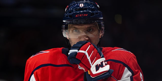 Alex Ovechkin #8 of the Washington Capitals looks on against the Ottawa Senators during the second period of the game at Capital One Arena on February 13, 2022 in Washington, DC. 