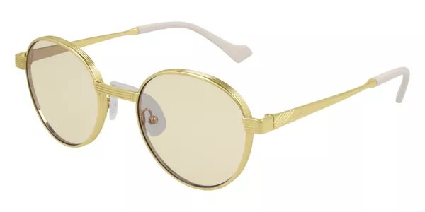 round gold glasses with yellow tinted lenses