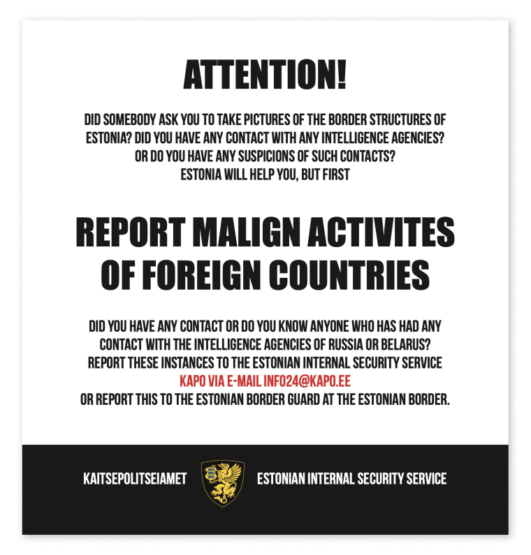 Image: A poster asking for information from Estonian civilians if they have had contact with intelligence agencies in Russia or Belarus.