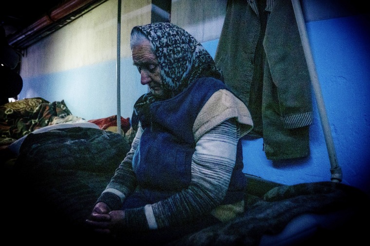 A woman sheltering from bombs in the basement of the Siversk hospital.