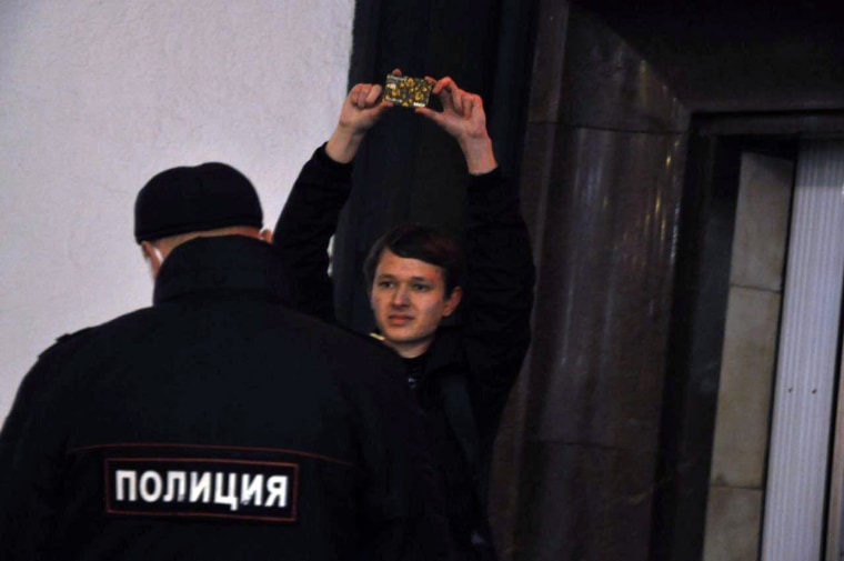 Mikhail Podivilov at a protest near Moscow's Lubyanka station in March. 