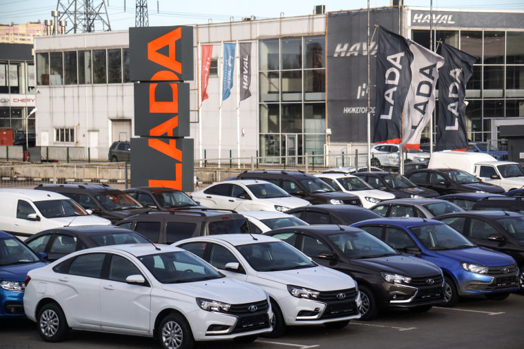 New Russian Lada cars at a dealer on April 14, 2022 in Dzerzhinsky, outside of Moscow, Russia.