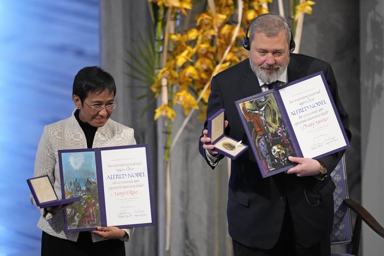 Muratov and Maria Ressa of the Philippines during the Nobel Peace Prize ceremony in Oslo, Norway on Dec. 10, 2021. 