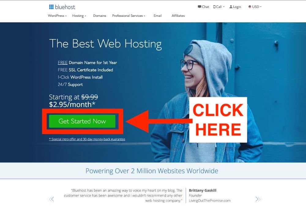 Screenshot of Bluehost showing How To Set up Hosting & Domain at Bluehost