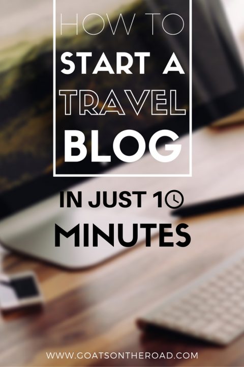 Computer on desktop with text overlay How To Start A Travel Blog