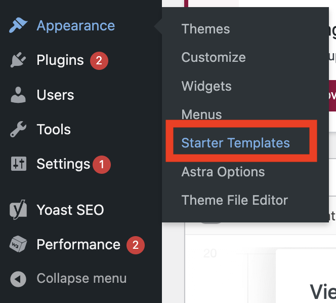Diagram showing how to add a starter template design in wordpress
