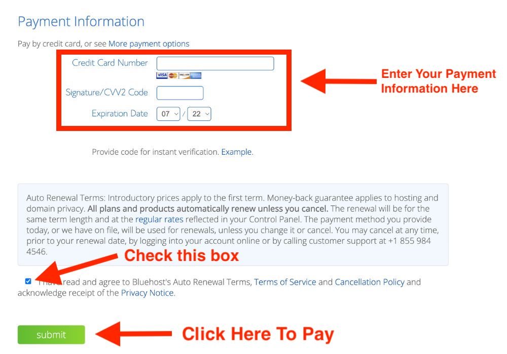 How to enter payment info at bluehost diagram