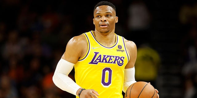 Russell Westbrook #0 of the Los Angeles Lakers handles the ball during the first half of the NBA game at Footprint Center on April 5, 2022 in Phoenix, Arizona.  