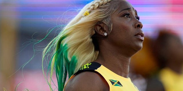 Shelly-Ann Fraser-Pryce, of Jamaica, reacts after winning Gold in the final in the women's 100-meter run at the World Athletics Championships on Sunday, July 17, 2022, in Eugene, Ore. 