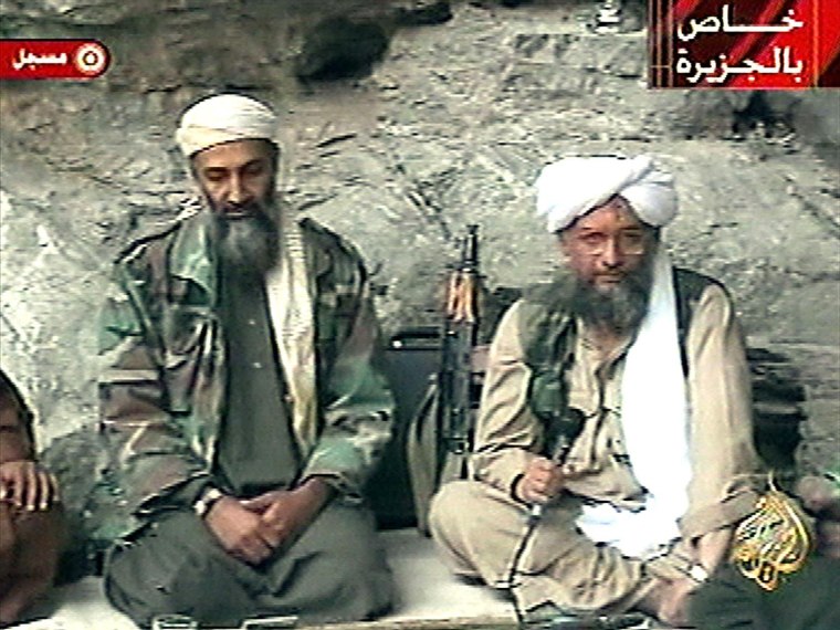 Osama bin Laden and Ayman al-Zawahiri speak on Al-Jazeera television in October 2001 against U.S. attacks on the Taliban regime in Afghanistan.